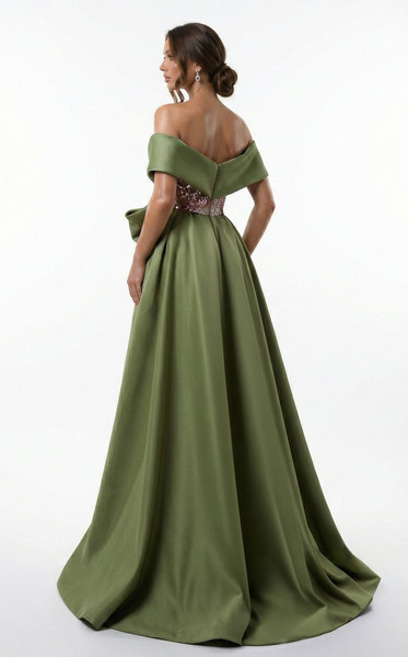 MNM Couture F03024 Satin Double Overskirt Off-shoulder Gown