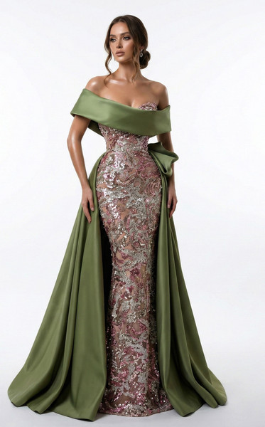 MNM Couture F03024 Satin Double Overskirt Off-shoulder Gown