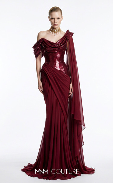 MNM Couture F03048 Asymmetrical Off-shoulder Drap Cape Gown