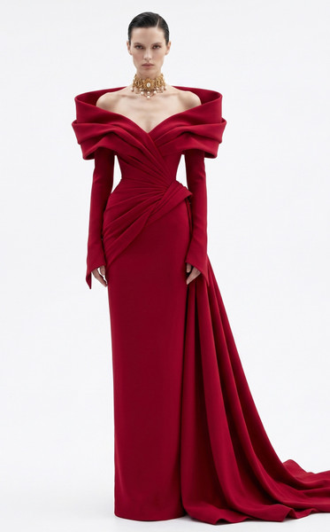 MNM Couture F03049 Crepe Off-shoulder Neck Overskirt Gown