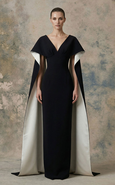 MNM Couture N0746 Crepe V-neck Structured Cape Sleeves Gown