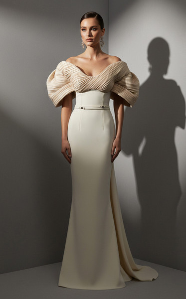 MNM Couture E0088 Rayon Crepe Scoop Neck Off-Shoulder Gown