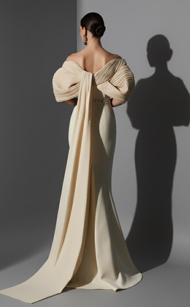 MNM Couture E0088 Rayon Crepe Scoop Neck Off-Shoulder Gown