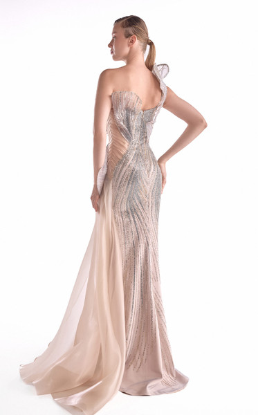 MNM Couture G2101 Lace Metallic Embroidery Asymmetrical Gown