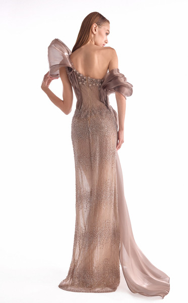 MNM Couture G2105 Sequin Tulle Beaded Off-Shoulder Gown