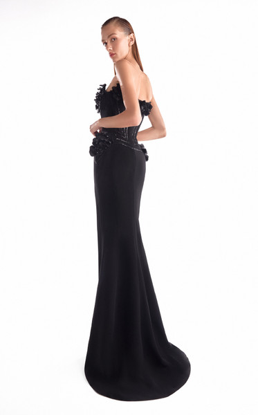MNM Couture G2115 Satin Velvet Beaded Floral Strapless Gown