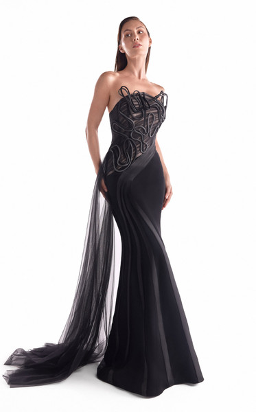 MNM Couture G2116 Satin Tulle Corded Illusion Strapless Gown