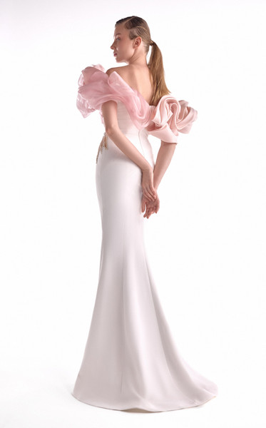 MNM Couture G2120 Satin Embellished Blooming Shoulders Gown