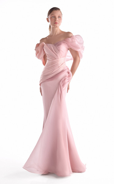 MNM Couture G2125 Satin Chiffon Off-Shoulder Draping Gown