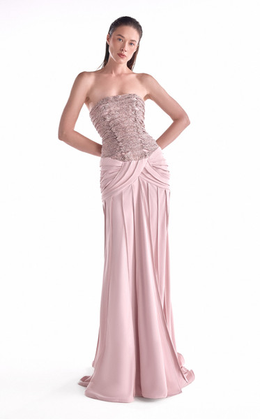 MNM Couture G2129 Satin Sequined Lace Beaded Strapless Gown