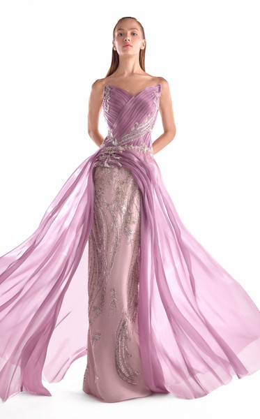 MNM Couture G2131 Satin Chiffon Floral Lace Strapless Gown