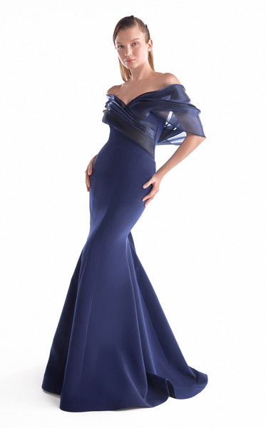 MNM Couture G2144 Satin Tulle Off-Shoulder Ruching Gown