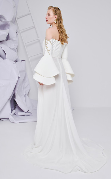 MNM Couture B1103 Crepe Bell Sleeve Strapless Pleating Gown
