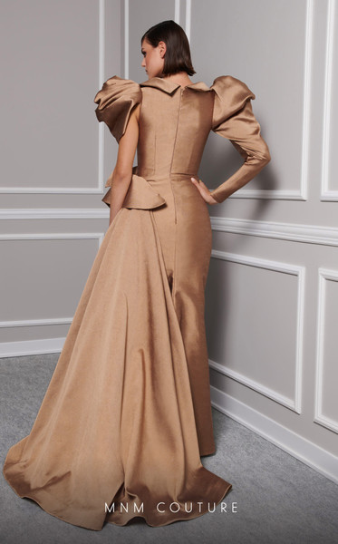 MNM Couture 2726 Taffeta Shirt Collar Puffed Sleeves Gown