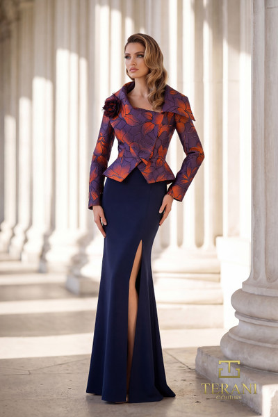 Terani Couture 262E7090 Jacquaard Crepe Long Sleeve Gown