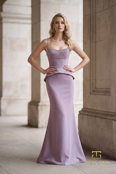 Terani Couture 262E7099 Stretch Twill Beaded Scoop Neck Gown