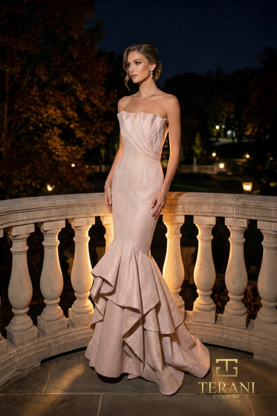 Terani Couture 262E7108 Stretch Jacquard Tiered Ruffle Gown