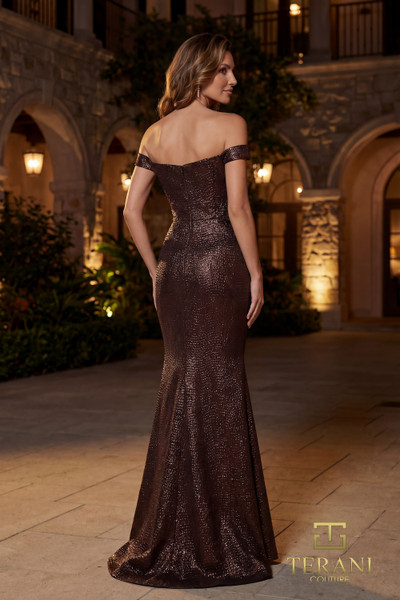 Terani Couture 262E7146 Jacquard Off-Shoulder Peplum Gown