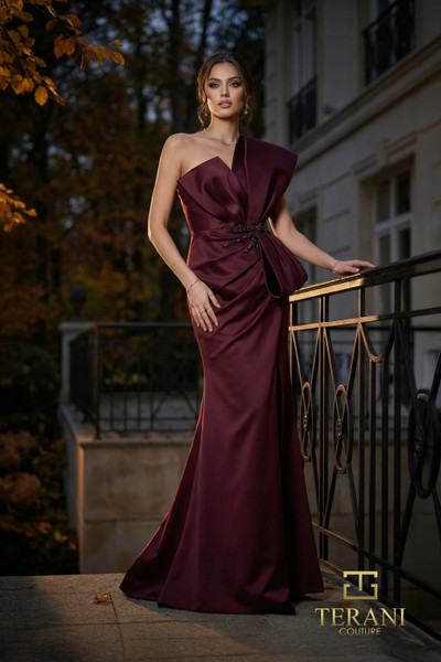 Terani Couture 262E7358 Matte Satin One-Shoulder Sheath Gown