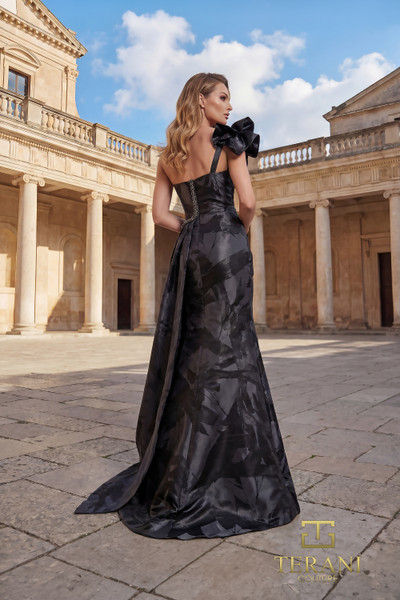 Terani Couture 262E7376 Jacquard Beaded One-Shoulder Gown