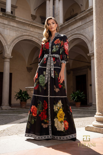 Terani Couture 262E7508 Print Chiffon Puff Sleeve Dress