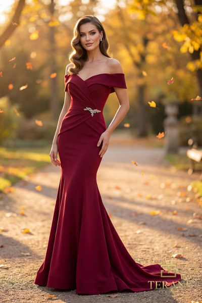 Terani Couture 262M7251 Gratacos Crepe Off-Shoulder Gown