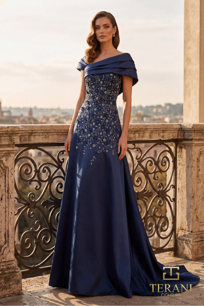 Terani Couture 262M7258 Mikado Off-Shoulder Sleeve Long Gown