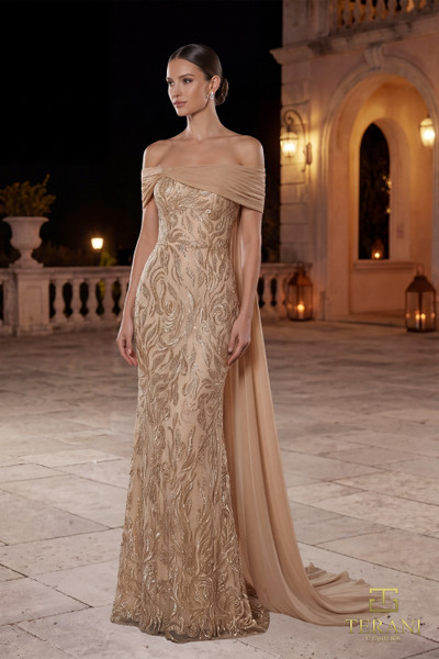 Terani Couture 262M7264 Chiffon Beaded Off-the-Shoulder Gown