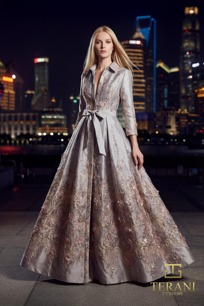 Terani Couture 262M7269 Metallic Jacquard Long Sleeve Gown