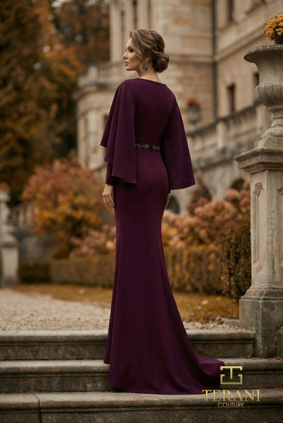 Terani Couture 262M7295 Slick Crepe Long Sleeve Wrap Gown