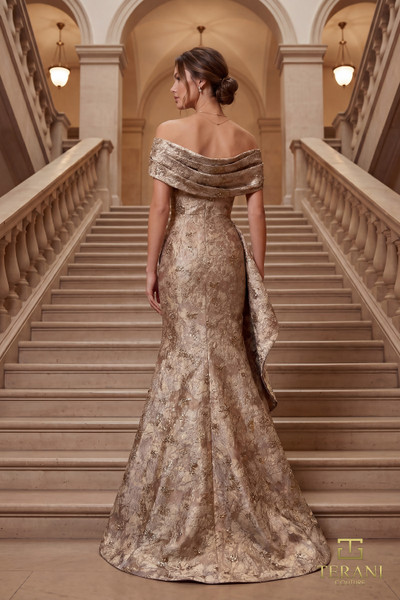 Terani Couture 262M7298 Splatter Jacquard Off-shoulder Gown