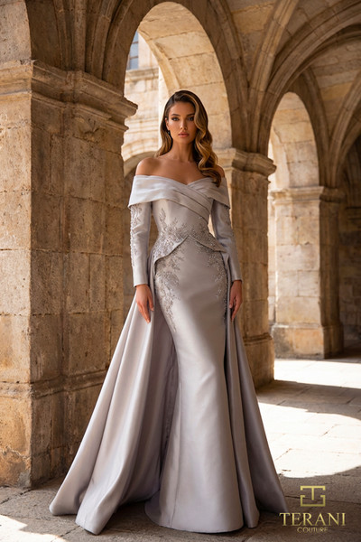 Terani Couture 262M7315 Mikado Long Sleeve Overskirt Gown