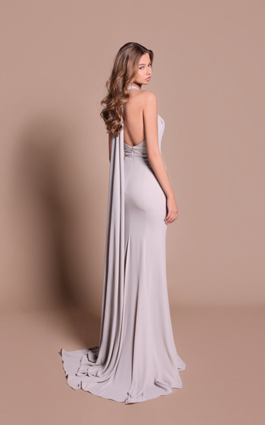 Tarik Ediz 66495 Crepe Stretch Satin Beaded Halter Neck Gown