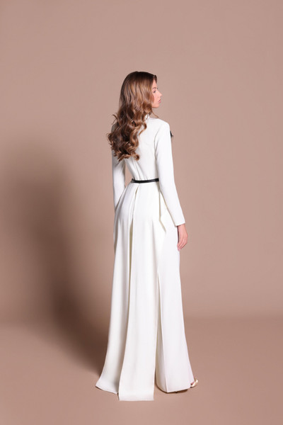 Tarik Ediz 66609 Crepe Long-Sleeve High-Neck Cutout Gown