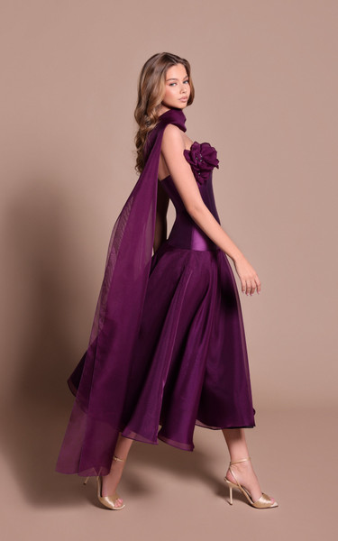Tarik Ediz 66670 Taffeta Floral Embellishments Midi Dress