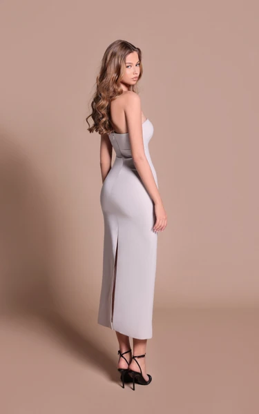 Tarik Ediz 66680 Crepe Satin Straight Neck Strapless Dress