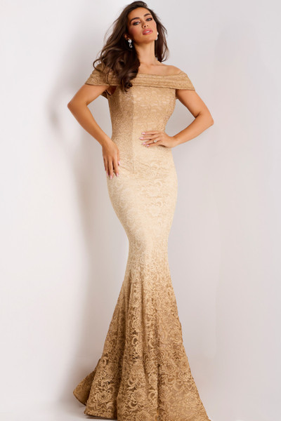 Jovani 44417 Stretch Lace Fold-Over Neck Off Shoulder Gown