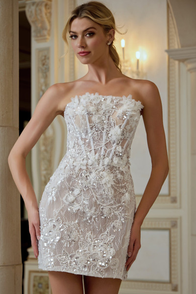 Jovani 45853 3D Floral Embellished Straight Neck Mini Dress
