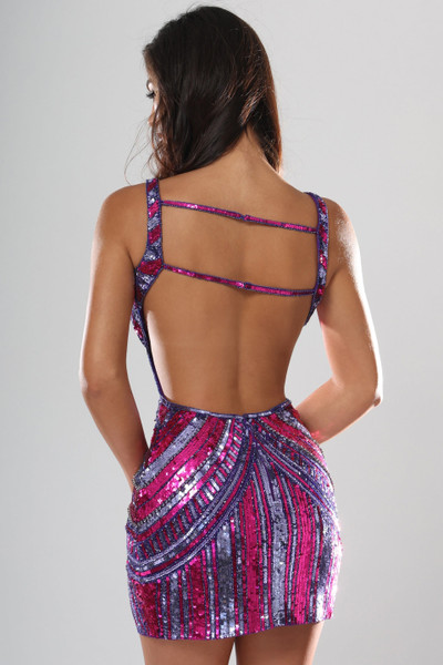 Jovani 46872 Striped Sequin Plunging V-neck Mini Dress