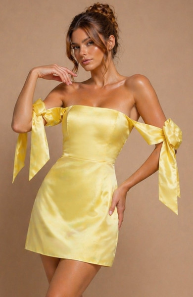 Jovani 52367 Satin Off-Shoulder Bow Sleeve Draped Mini Dress