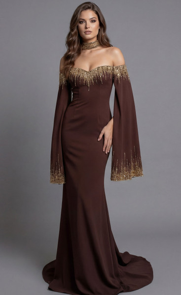 Jovani 45535 Crepe Off-Shoulder Bell Sleeves Choker Gown
