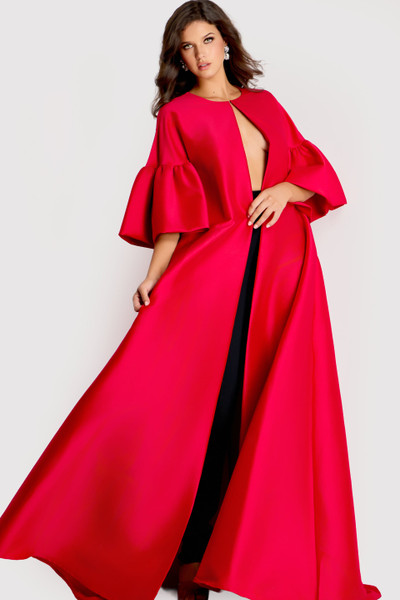 Jovani 42160 Cape Satin Boat Neck Wide Bell Sleeves Gown