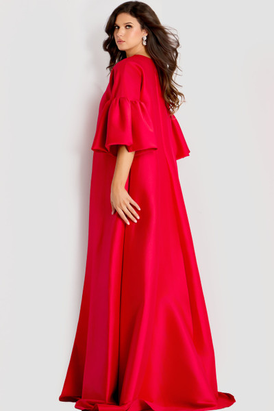 Jovani 42160 Cape Satin Boat Neck Wide Bell Sleeves Gown