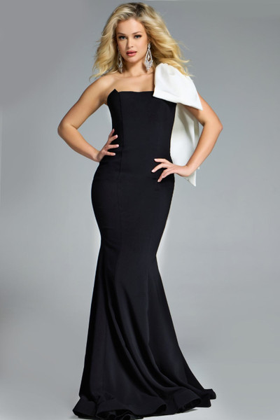 Jovani 41132 One-Shoulder Sleeveless Satin Bow Fitted Gown