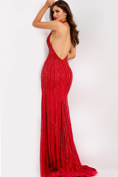 Jovani 40735 Beaded Halter V-Neck Sleeveless Fitted Gown