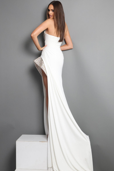 Jovani 49577 Crepe Beaded Strapless Side Overskirt Dress
