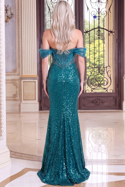 Jovani 52208 Sequin Off Shoulder Draped Sleeve Fitted Gown