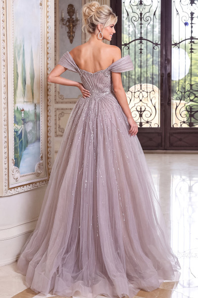 Jovani 52210 Crystal Beaded Mesh Draped Off-Shoulder Gown