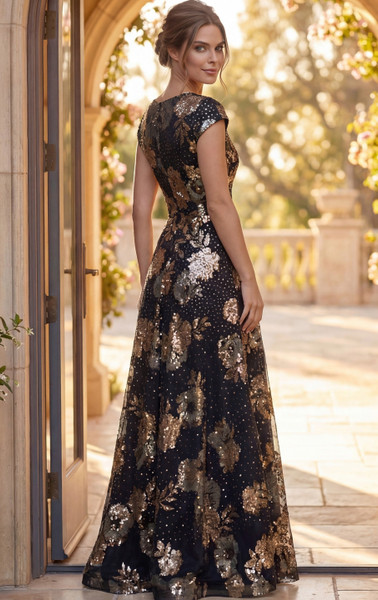 Jovani 46493 Jacquard Floral Sequin V-Neck Cap Sleeve Gown