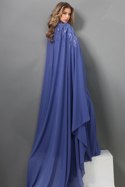 Jovani 49742 Chiffon Beaded Illusion Neck Cape Sleeve Dress
